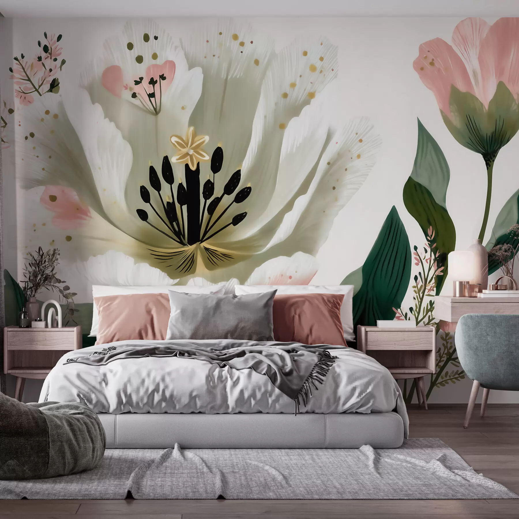 murales de pared Una flor con hojas verdes y toques de color rosa pálido en estilo acuarela w09836
