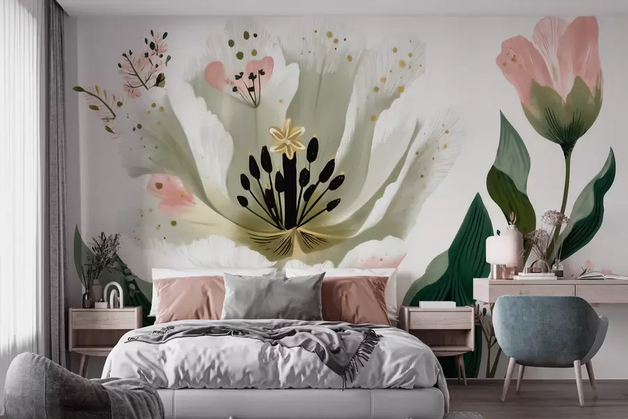 murales de pared Una flor con hojas verdes y toques de color rosa pálido en estilo acuarela w09836