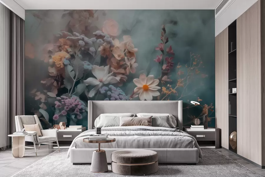 murales de pared Una composición de ensueño de flores silvestres envuelta en una ligera bruma de tonos pastel w09846