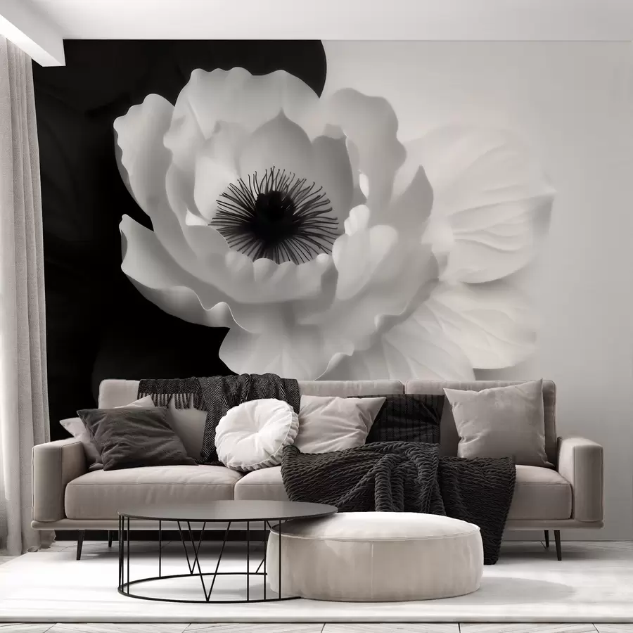 murales de pared Una flor blanca que contrasta con un centro oscuro sobre un fondo en blanco y negro w09852