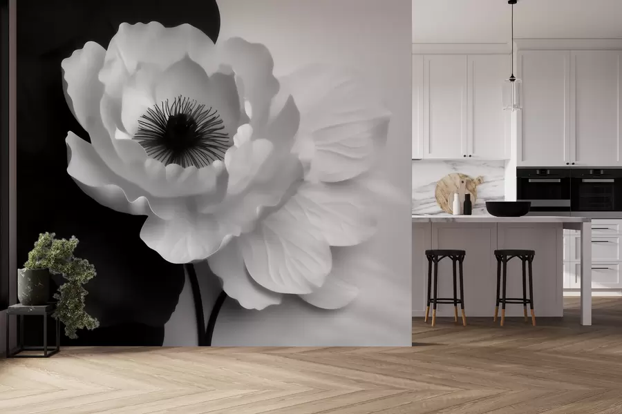 murales de pared Una flor blanca que contrasta con un centro oscuro sobre un fondo en blanco y negro w09852