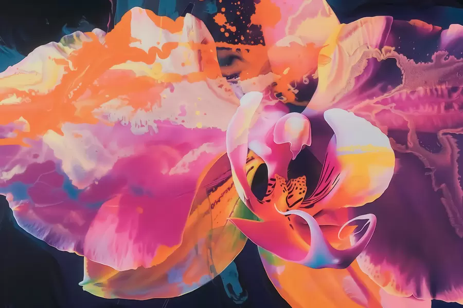 murales de pared Una flor de orquídea abstracta y llena de vida, con colores intensos y formas dinámicas, en estilo acuarela w09855