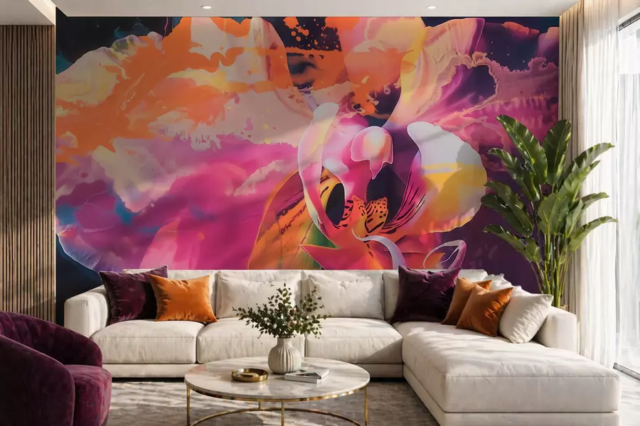 murales de pared Una flor de orquídea abstracta y llena de vida, con colores intensos y formas dinámicas, en estilo acuarela w09855