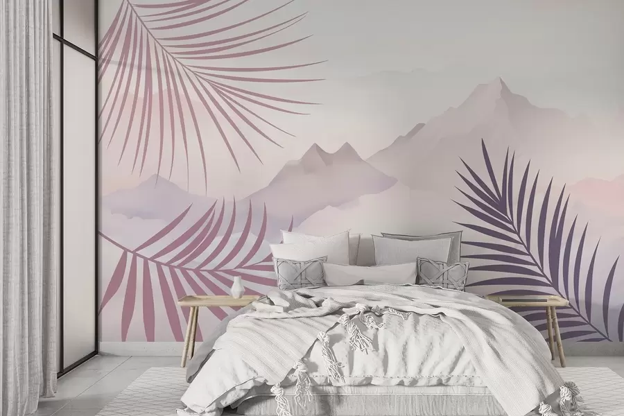 murales de pared Hojas de palmera con las montañas de fondo w05548v1