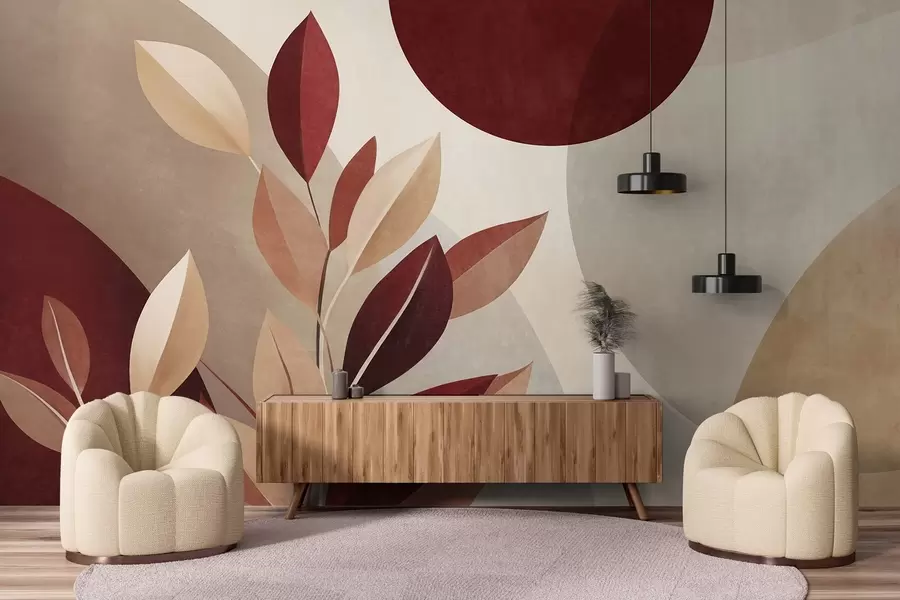 murales de pared Hojas con textura en tonos burdeos y beige sobre un fondo de formas abstractas, minimalismo y arte moderno w09829