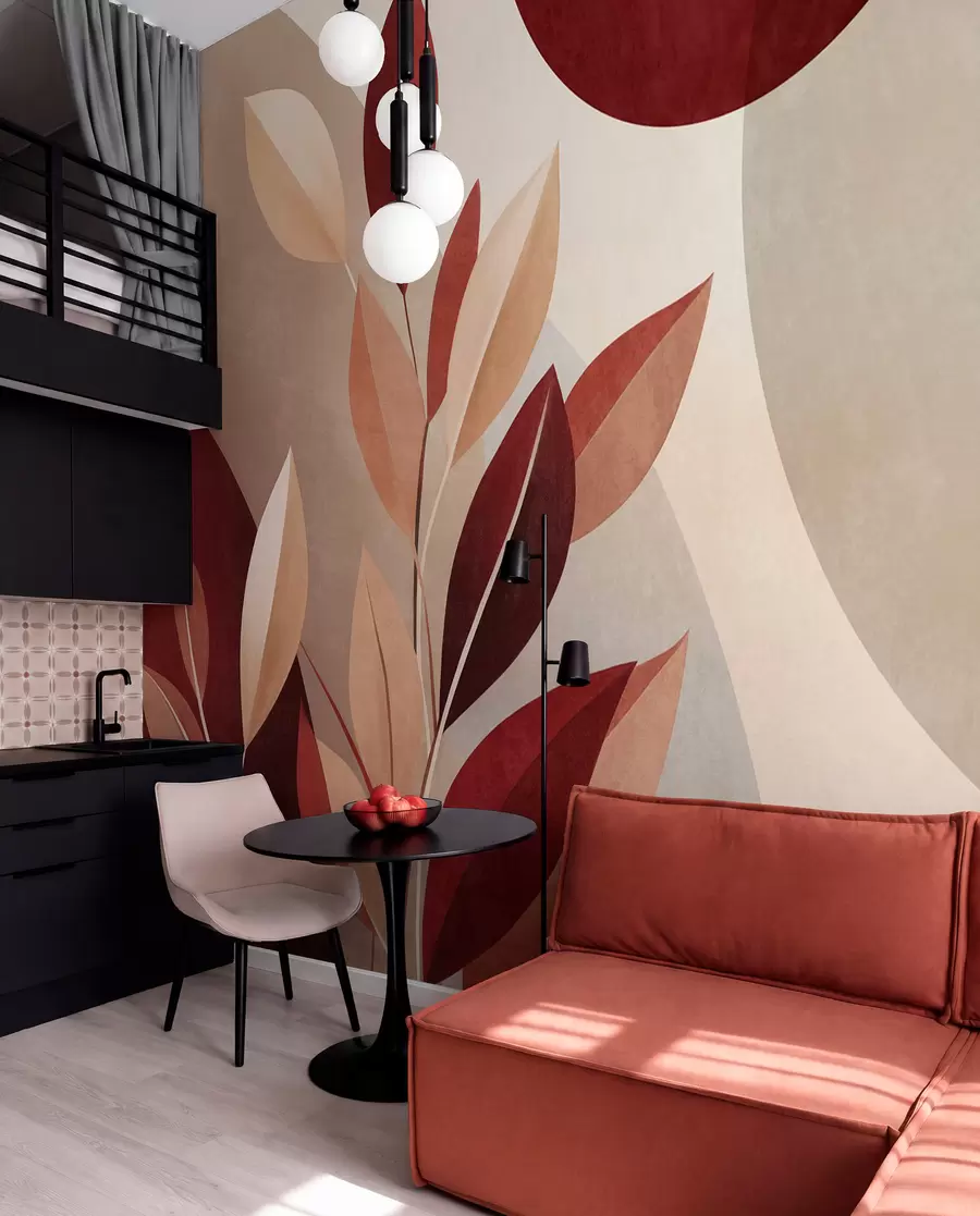 murales de pared Hojas con textura en tonos burdeos y beige sobre un fondo de formas abstractas, minimalismo y arte moderno w09829