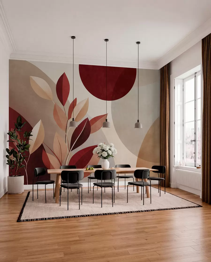 murales de pared Hojas con textura en tonos burdeos y beige sobre un fondo de formas abstractas, minimalismo y arte moderno w09829