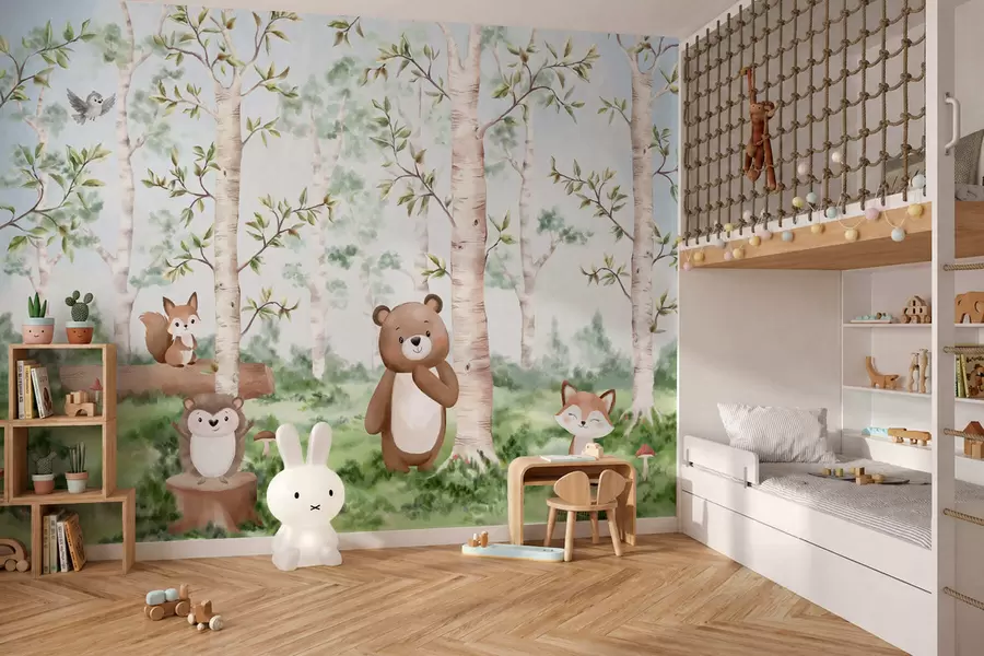 murales de pared Una ilustración infantil de un bosque en la que aparecen un oso, un zorro y un erizo w05532