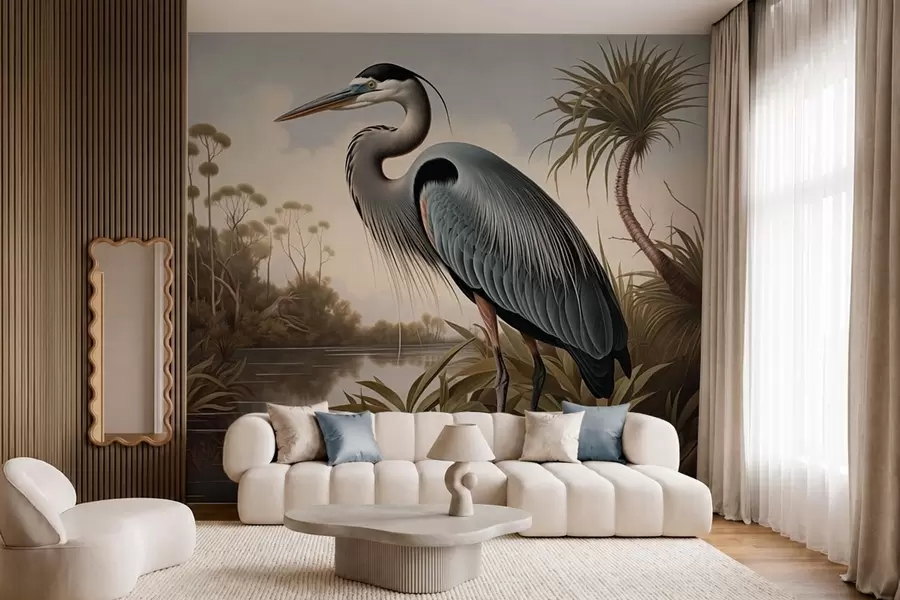 murales de pared Una garza junto al agua, entre las plantas de la orilla w05572