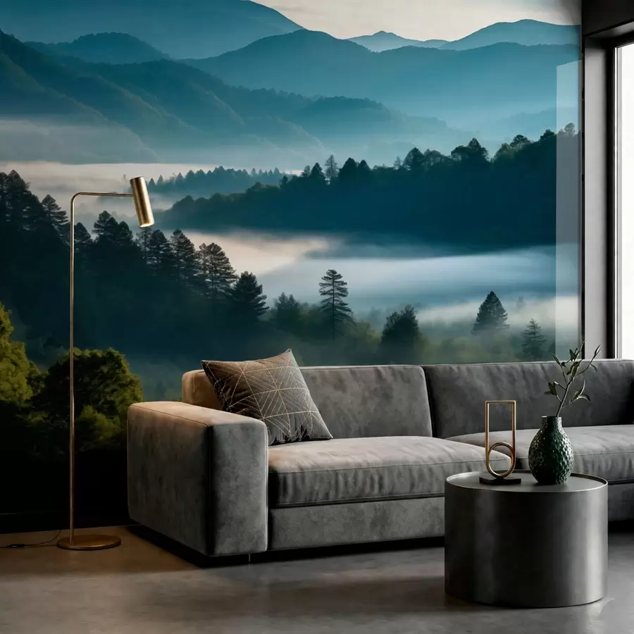 murales de pared Paisaje montañoso con niebla y bosques al amanecer w05573