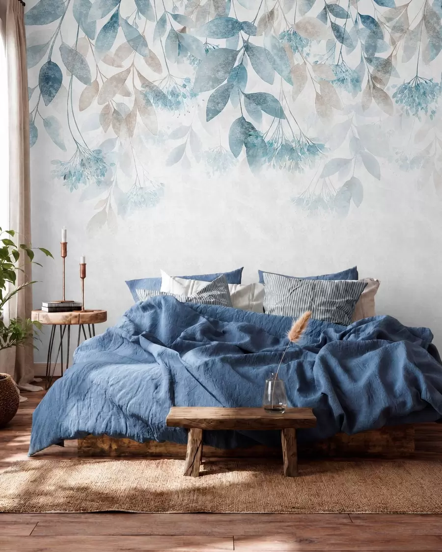 murales de pared hojas con textura que caen en cascada, con flores en tonos turquesa y beige w05565