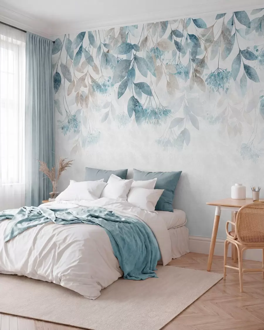 murales de pared hojas con textura que caen en cascada, con flores en tonos turquesa y beige w05565