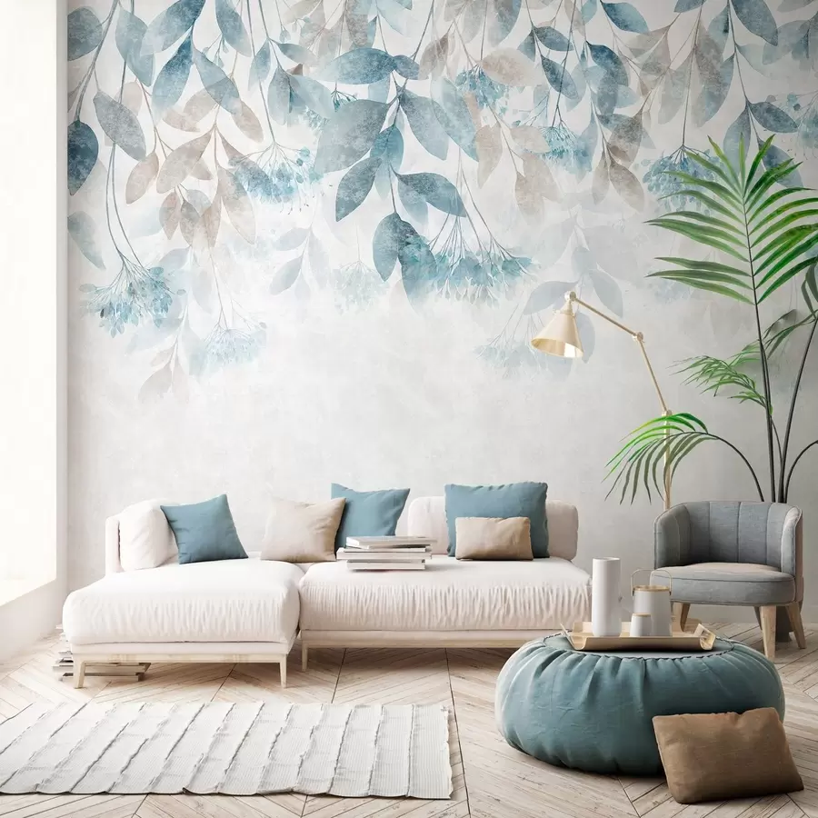 murales de pared hojas con textura que caen en cascada, con flores en tonos turquesa y beige w05565