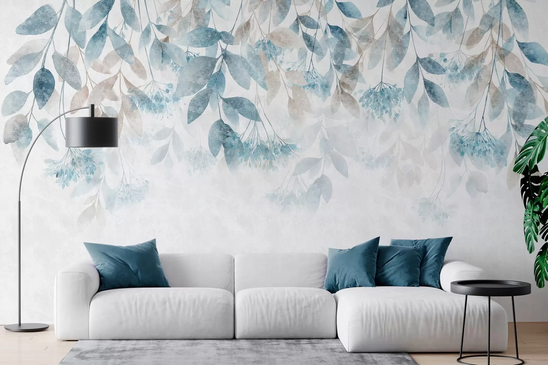 murales de pared hojas con textura que caen en cascada, con flores en tonos turquesa y beige w05565