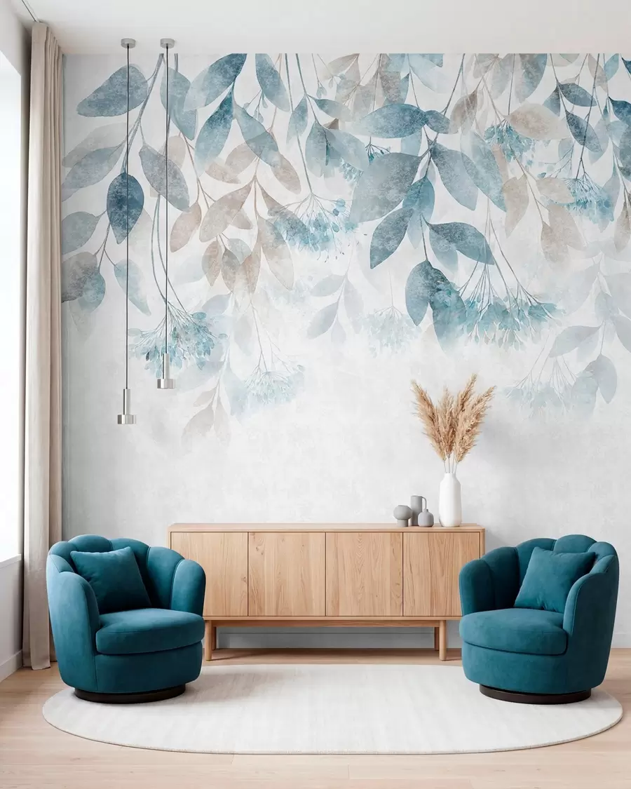 murales de pared hojas con textura que caen en cascada, con flores en tonos turquesa y beige w05565