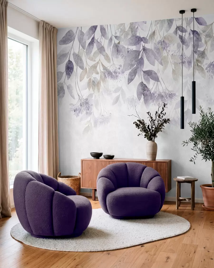murales de pared hojas con textura y en cascada, con flores en tonos morados y beige w05565v3