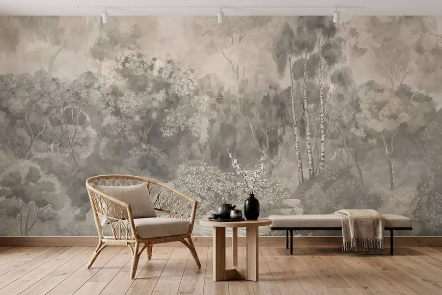 murales de pared Paisaje forestal de tonos claros con un río w05542