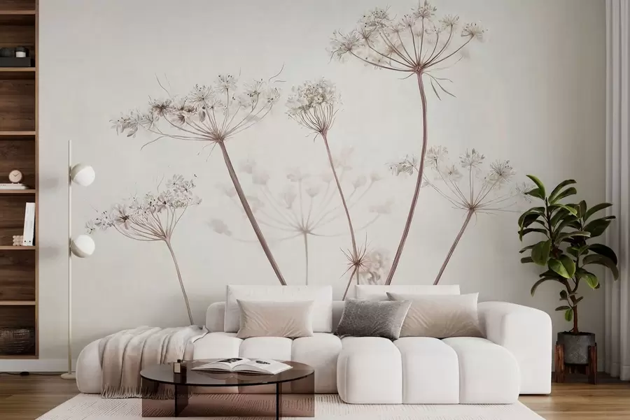 murales de pared Umbelas secas sobre un fondo claro y minimalista w05543