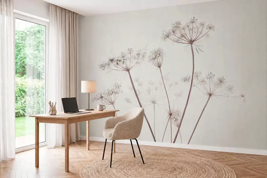 murales de pared Umbelas secas sobre un fondo claro y minimalista w05543