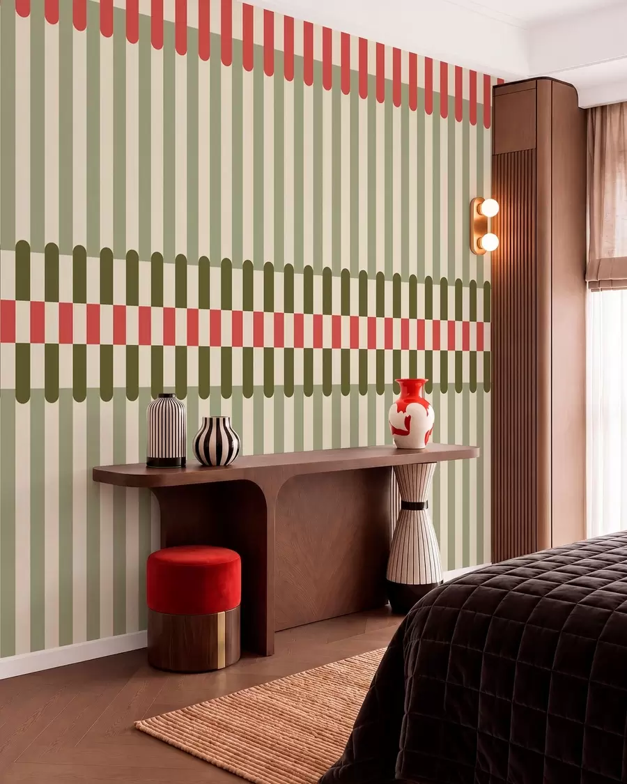 murales de pared Diseño a rayas en tonos verdes y coral w05150v4