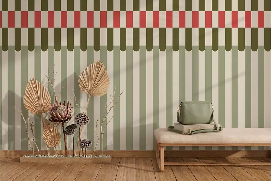 murales de pared Diseño a rayas en tonos verdes y coral w05150v4