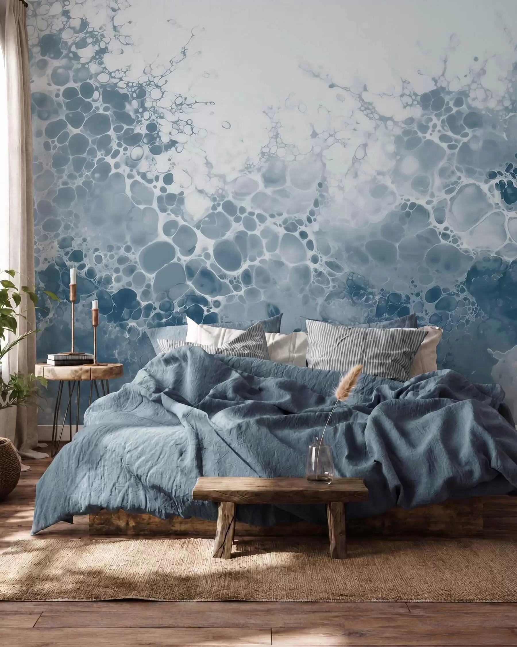 murales de pared Una abstracta y etérea composición azul con burbujas, al estilo de la acuarela w09673