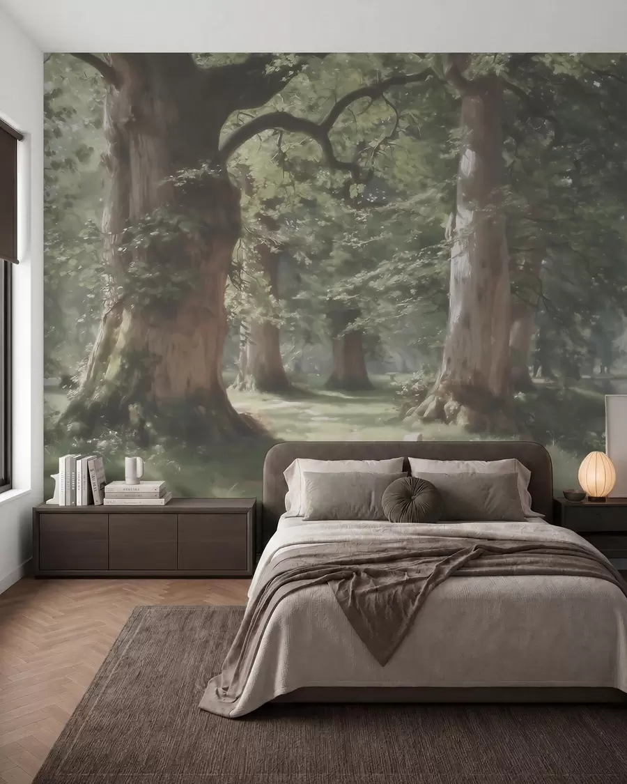 murales de pared Paisaje de bosque de cuento de hadas en una suave paleta de tonos verde y beige, con estilo pictórico w09845