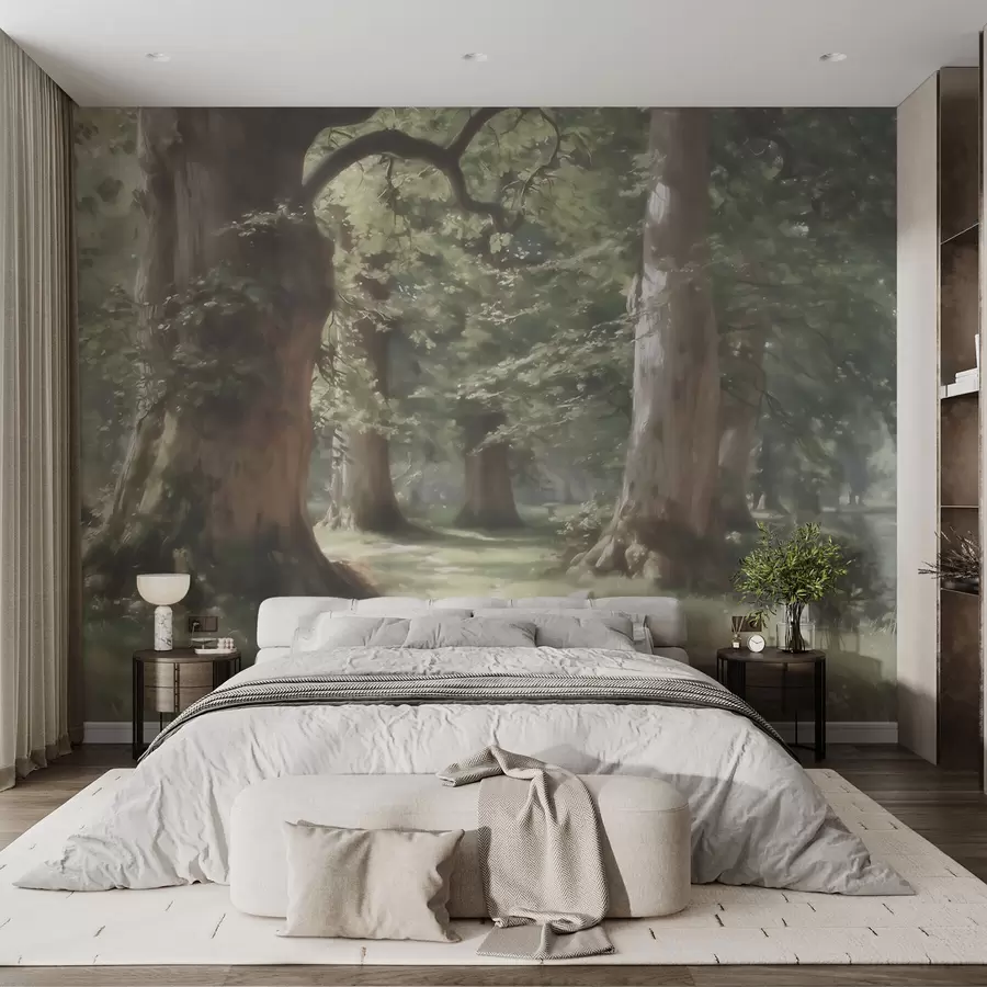 murales de pared Paisaje de bosque de cuento de hadas en una suave paleta de tonos verde y beige, con estilo pictórico w09845