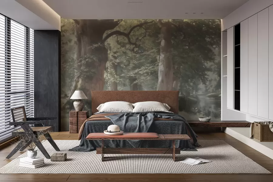 murales de pared Paisaje de bosque de cuento de hadas en una suave paleta de tonos verde y beige, con estilo pictórico w09845