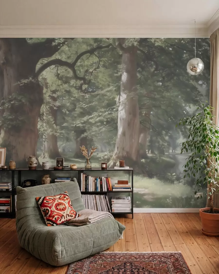 murales de pared Paisaje de bosque de cuento de hadas en una suave paleta de tonos verde y beige, con estilo pictórico w09845