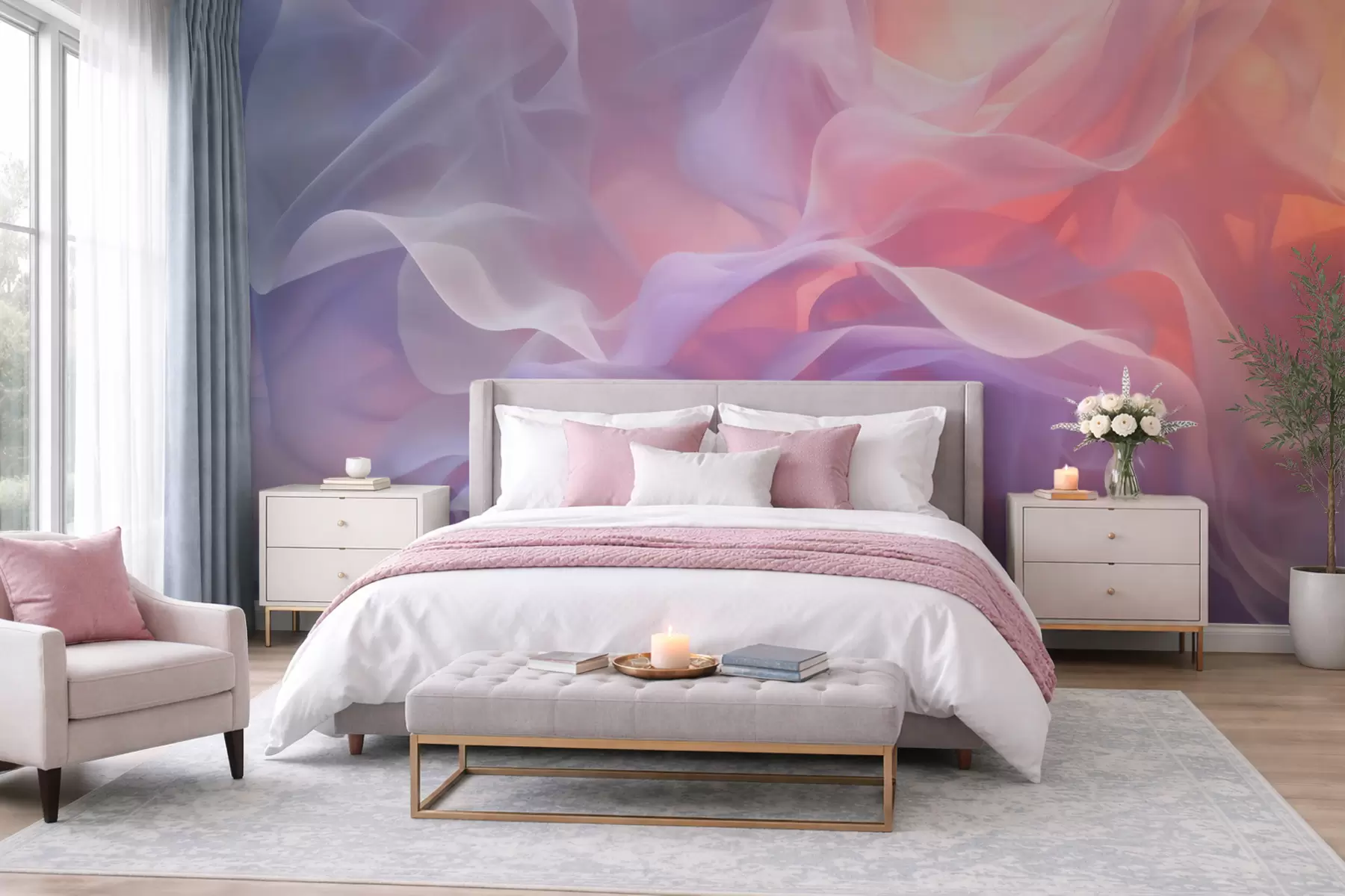 murales de pared Una abstracción etérea con ondas translúcidas en una paleta de tonos rosa y lila w09851