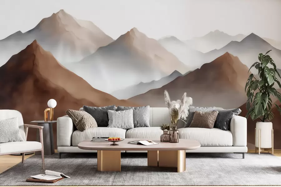 murales de pared Cumbres brumosas en tonos beige y marrón, con un estilo de acuarela w09857