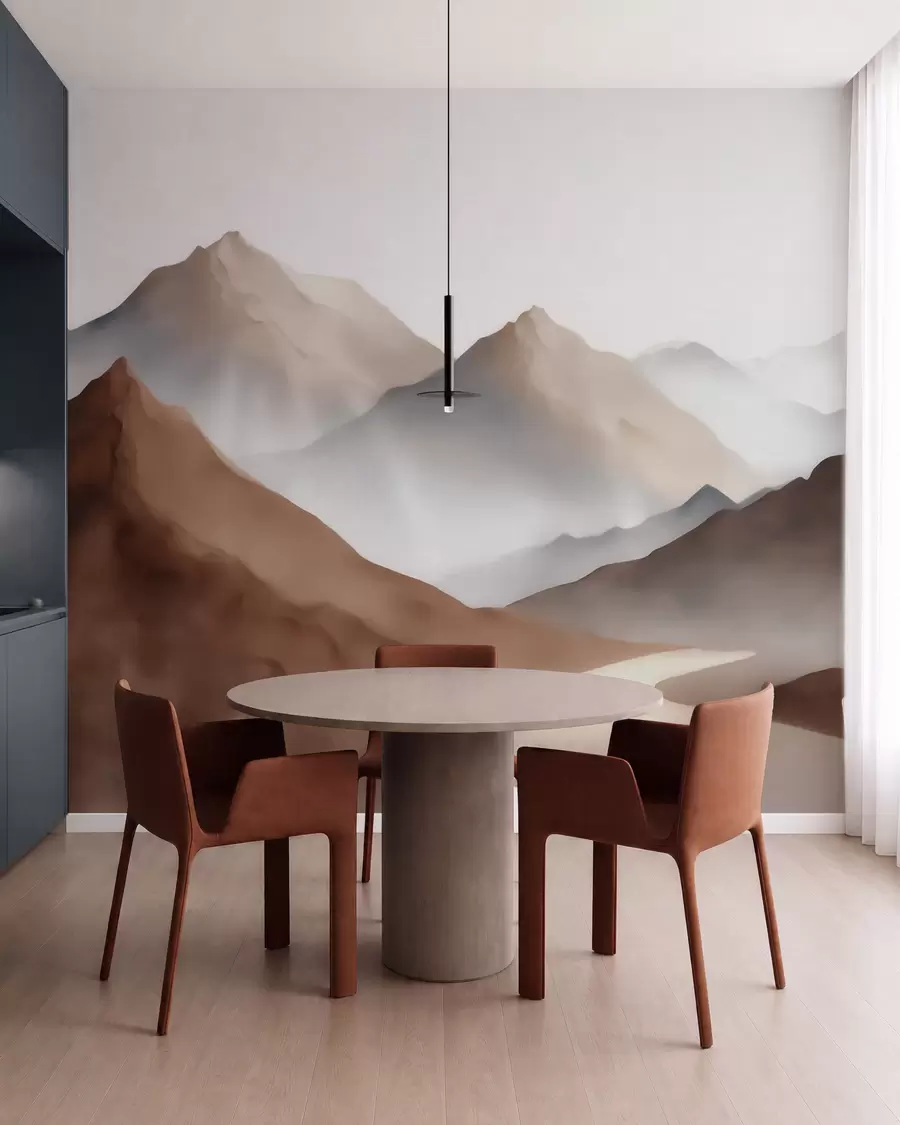 murales de pared Cumbres brumosas en tonos beige y marrón, con un estilo de acuarela w09857
