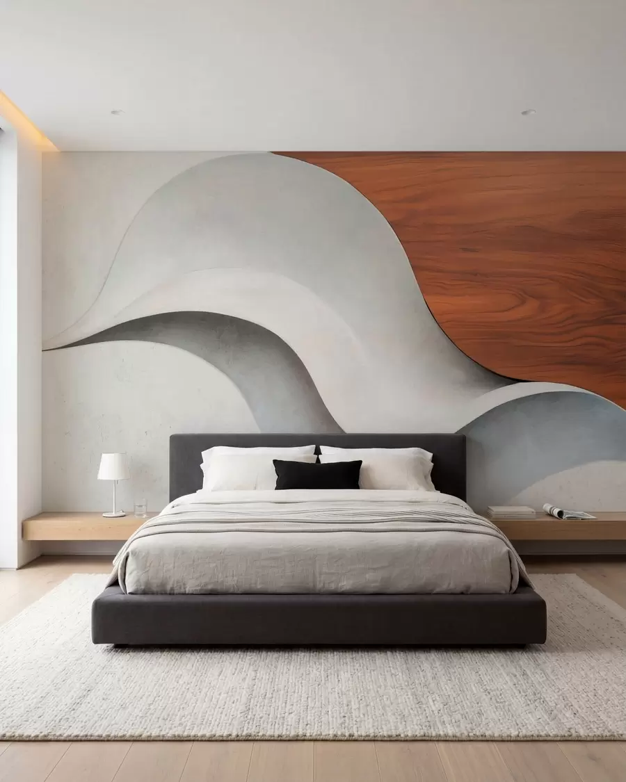 murales de pared Ondas abstractas fluidas con cálidos toques de madera, diseño contemporáneo minimalista w05599