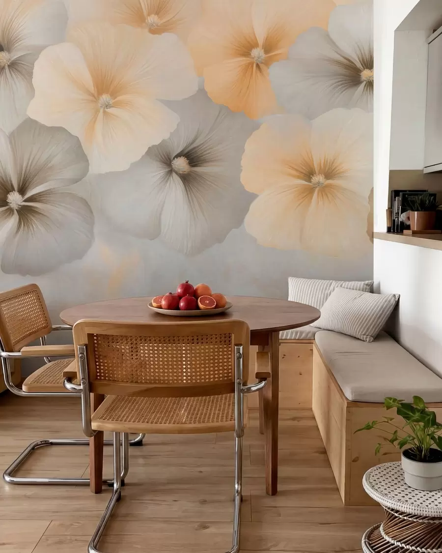 murales de pared Flores en tonos pastel suaves, con matices de amarillo cremoso y gris, sobre un fondo delicado w05600