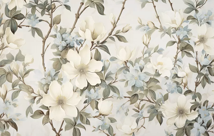 murales de pared Delicadas flores y suaves hojas verdes en un estilo pictórico vintage con sutiles pinceladas w05601