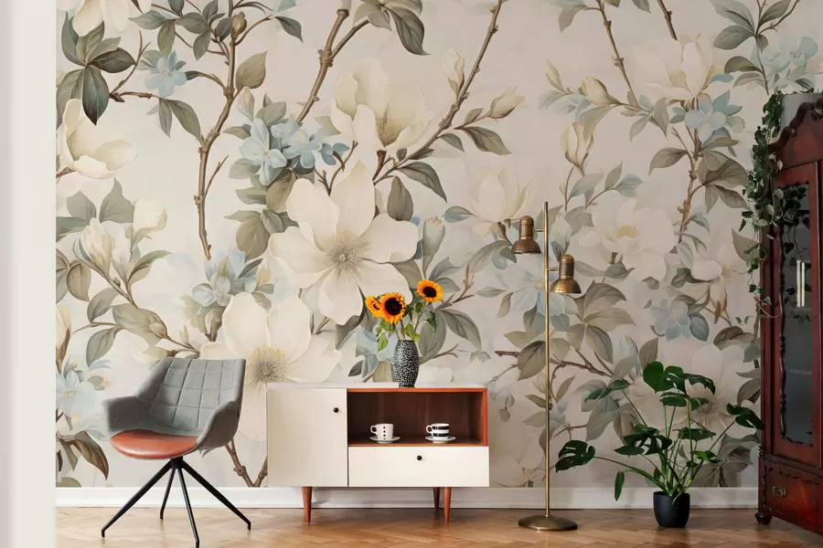 murales de pared Delicadas flores y suaves hojas verdes en un estilo pictórico vintage con sutiles pinceladas w05601