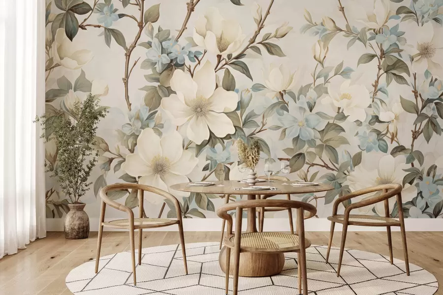 murales de pared Delicadas flores y suaves hojas verdes en un estilo pictórico vintage con sutiles pinceladas w05601