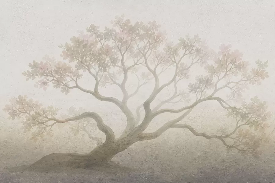 murales de pared Paisaje minimalista de un árbol envuelto en niebla en suaves tonos beige; arte atmosférico y evocador w05602
