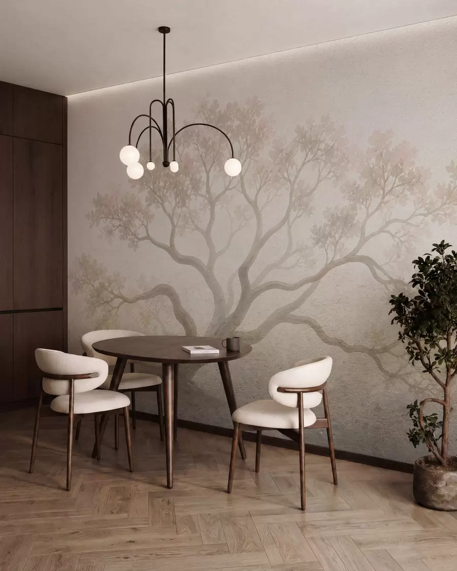 murales de pared Paisaje minimalista de un árbol envuelto en niebla en suaves tonos beige; arte atmosférico y evocador w05602