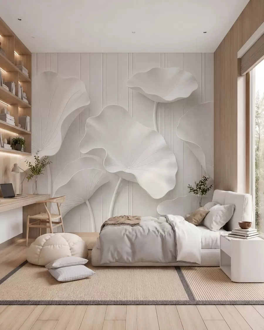 murales de pared Relieve floral escultural en blanco con pétalos superpuestos, un elegante adorno de pared en 3D w05604