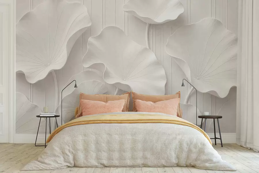 murales de pared Relieve floral escultural en blanco con pétalos superpuestos, un elegante adorno de pared en 3D w05604