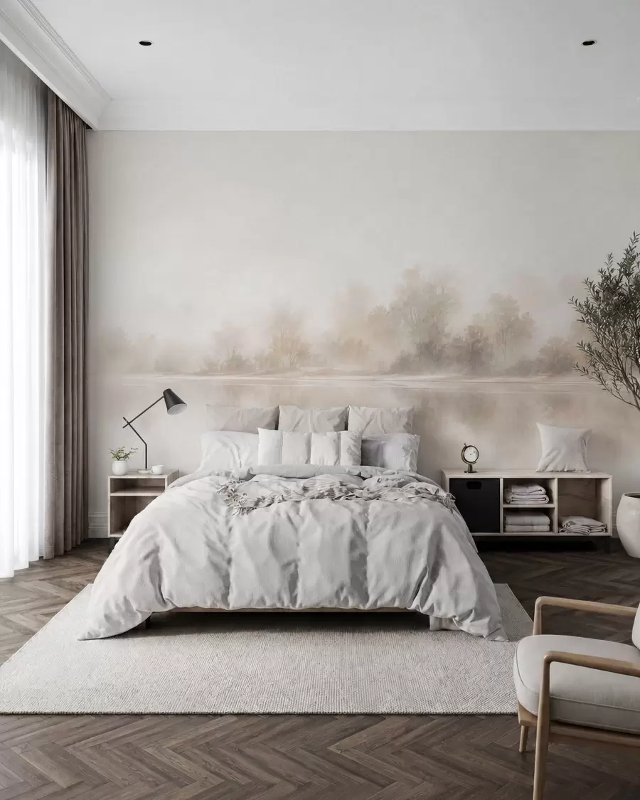 murales de pared Paisaje brumoso minimalista con delicados reflejos en tonos neutros cálidos w05606