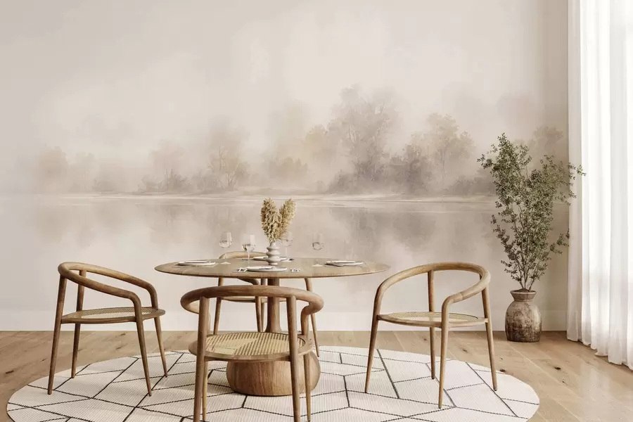 murales de pared Paisaje brumoso minimalista con delicados reflejos en tonos neutros cálidos w05606