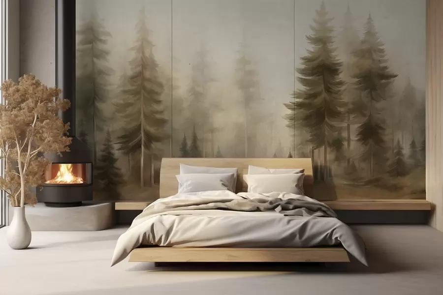 murales de pared Un bosque frondoso con altos pinos envueltos en una ligera niebla; obra de arte paisajística con textura w09830