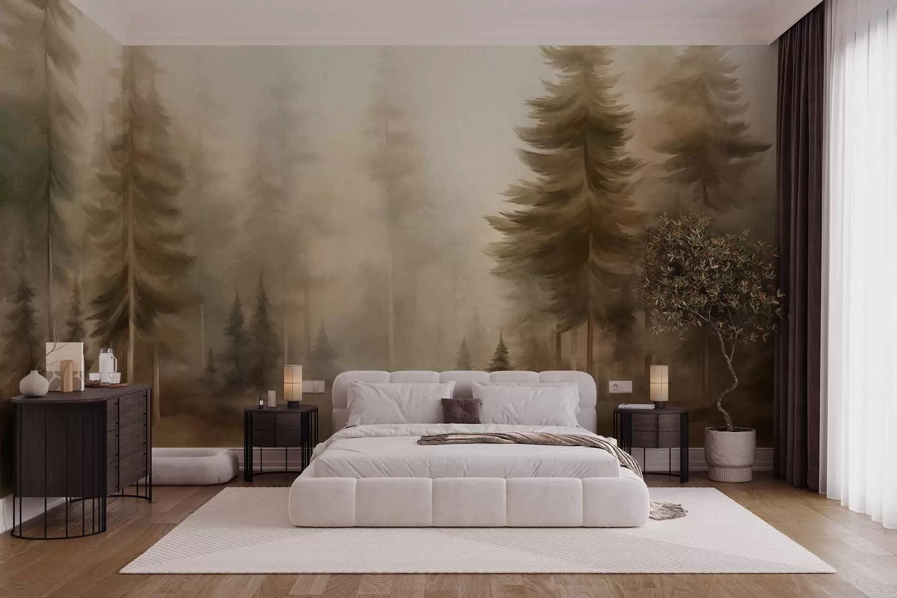 murales de pared Un bosque frondoso con altos pinos envueltos en una ligera niebla; obra de arte paisajística con textura w09830