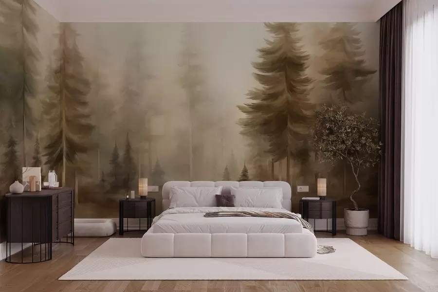 murales de pared Un bosque frondoso con altos pinos envueltos en una ligera niebla; obra de arte paisajística con textura w09830