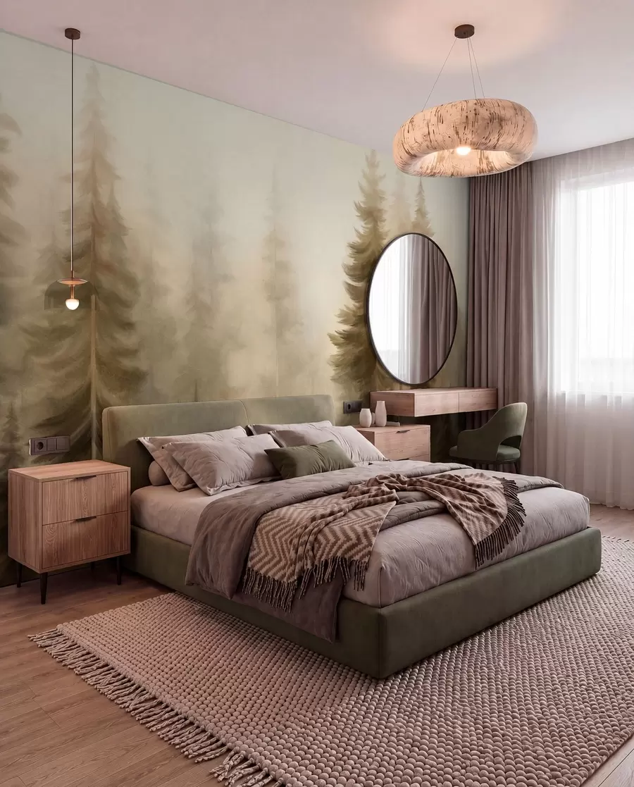 murales de pared Un bosque frondoso con altos pinos envueltos en una ligera niebla; obra de arte paisajística con textura w09830
