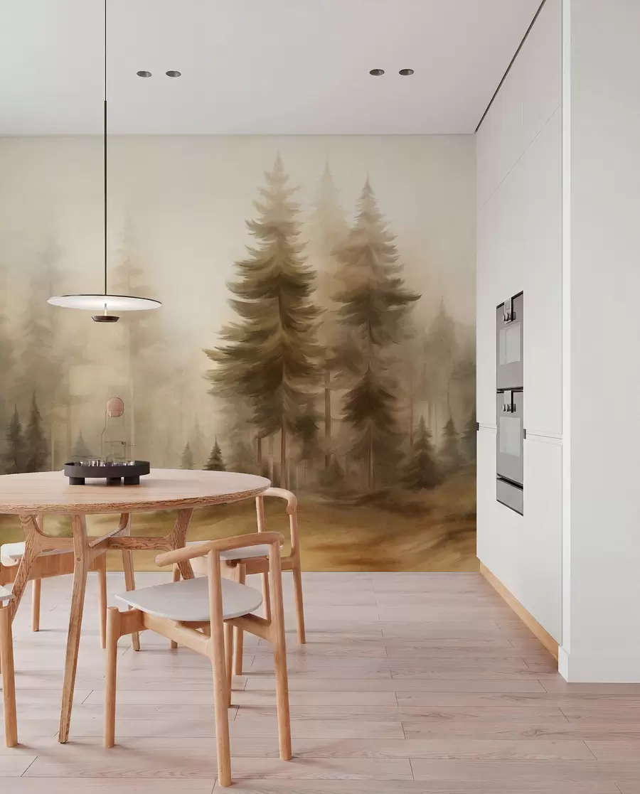 murales de pared Un bosque frondoso con altos pinos envueltos en una ligera niebla; obra de arte paisajística con textura w09830