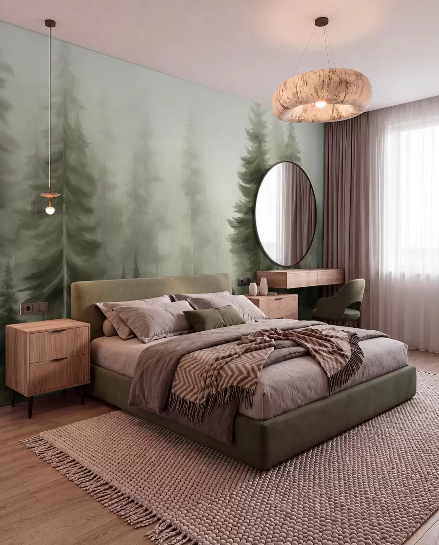 murales de pared Un bosque frondoso con altos pinos envueltos en una ligera niebla; obra de arte paisajística con textura w09830v1